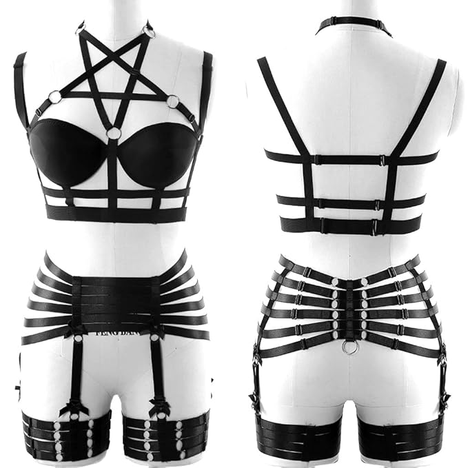 PETMHS Women Pentagram Body Harness Full Strap Top Bra Chest Belt Adjust Plus Size Goth Punk Pentagram Lingerie Dance Club Party Festival Rave Wear