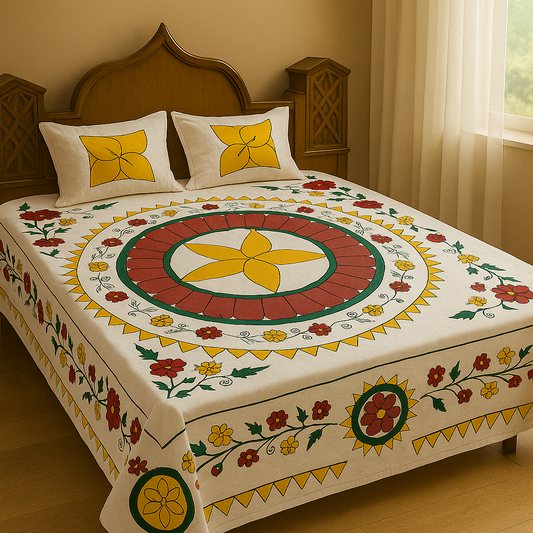 HAND PRINT BEDSHEET &  KUSHAN COVER YELLOW